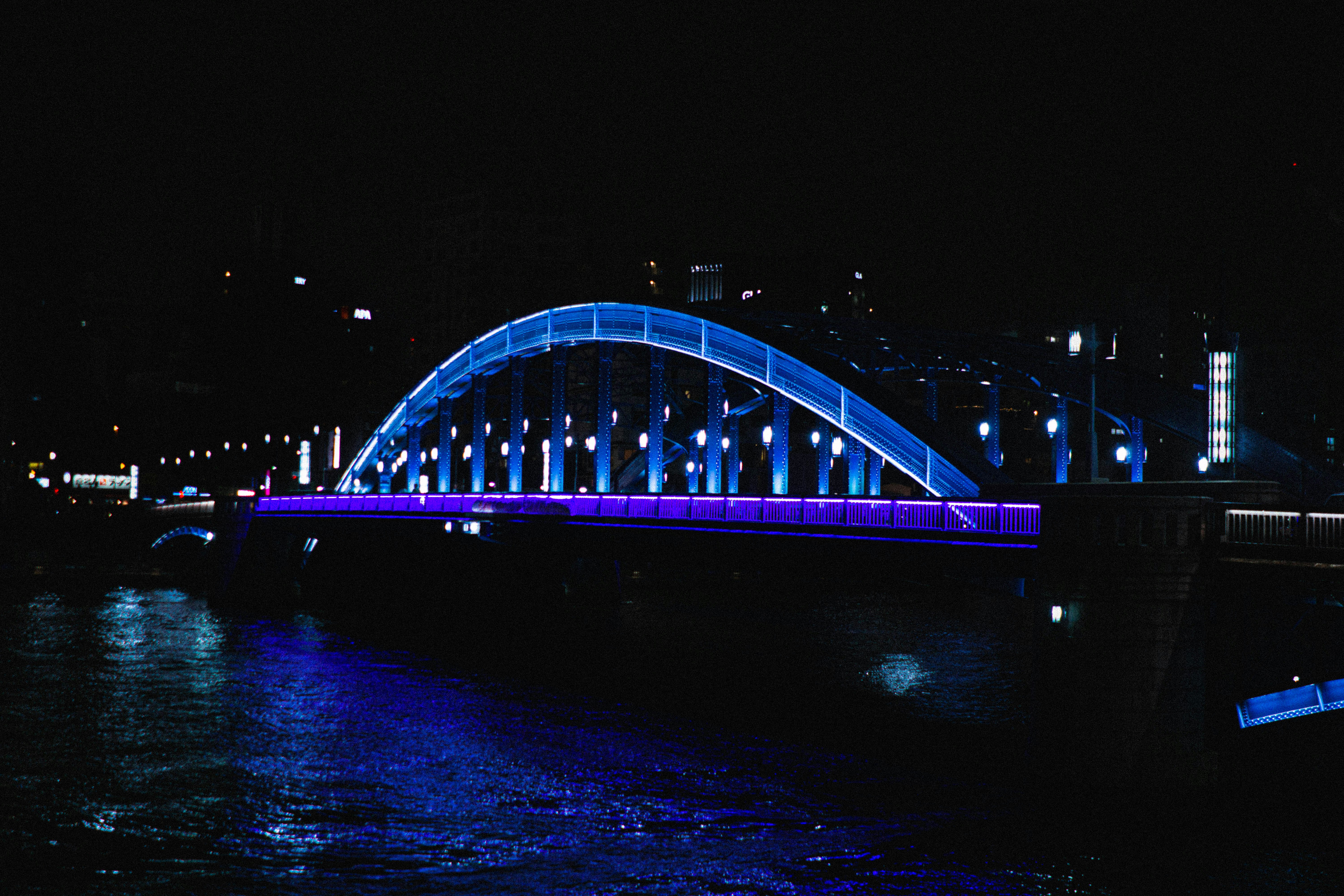 blue and purple LED bridge light